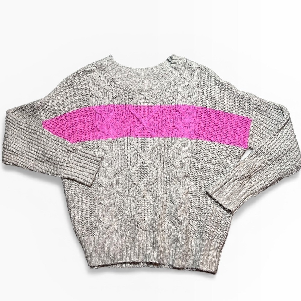American Eagle‎ Cable Knit Sweater Tan Pink Stripe Medium Cozy Fisherman Baggy